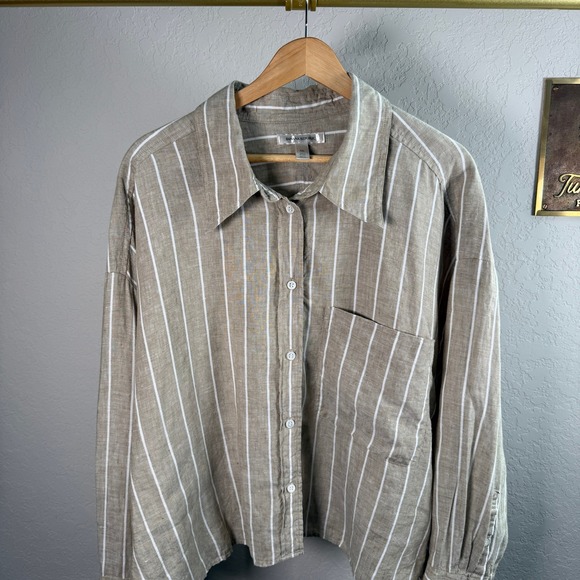 Banana Republic Womens XXL Tan White Striped 100% Linen Boxy Cropped Shirt - Picture 3 of 8